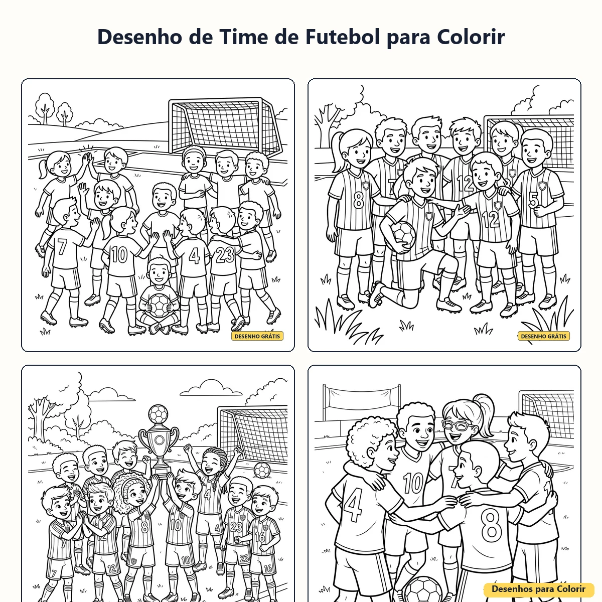 Desenho de Time de Futebol para Colorir: Jogadores, Campo e Bola