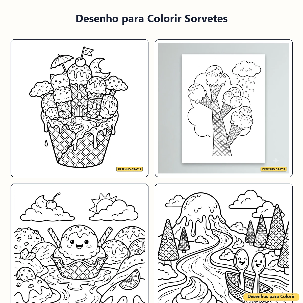 Desenho para Colorir Sorvetes: Casquinhas, Picolés e Taças Divertidas