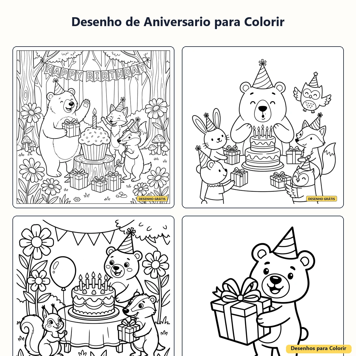 Desenho de Aniversário para Colorir: Festa, Bolo e Parabéns