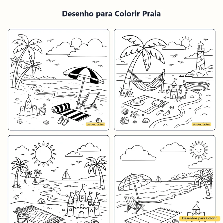 Desenho para Colorir Praia: Cenas de Verão para Imprimir